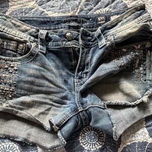 Miss Me Distressed Light Blue Denim Shorts with Embellished Pockets